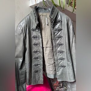 Ultra-rare Elie Tahari Women's army green/grey Napa Leather Jacket. Xs.